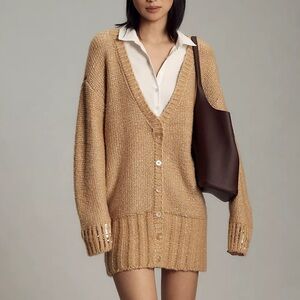 Anthropology Maeve Layered Sparkle knit Cardigan Sweater Mini Dress gold sequins